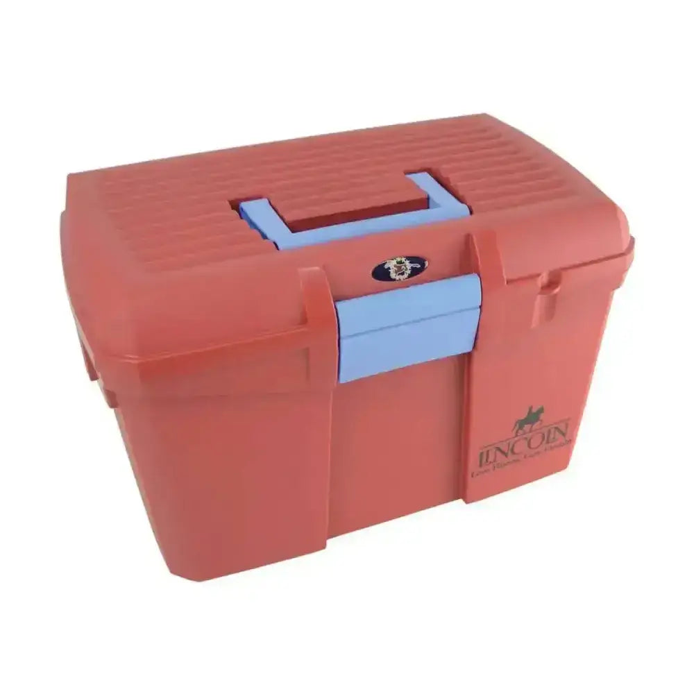 Red plastic tack box lincoln limited edition with light blue handle and black logo for high specification tack storage