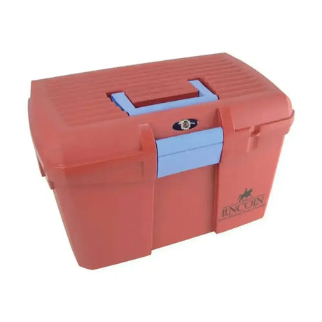 Red plastic tack box lincoln limited edition with light blue handle and black logo for high specification tack storage