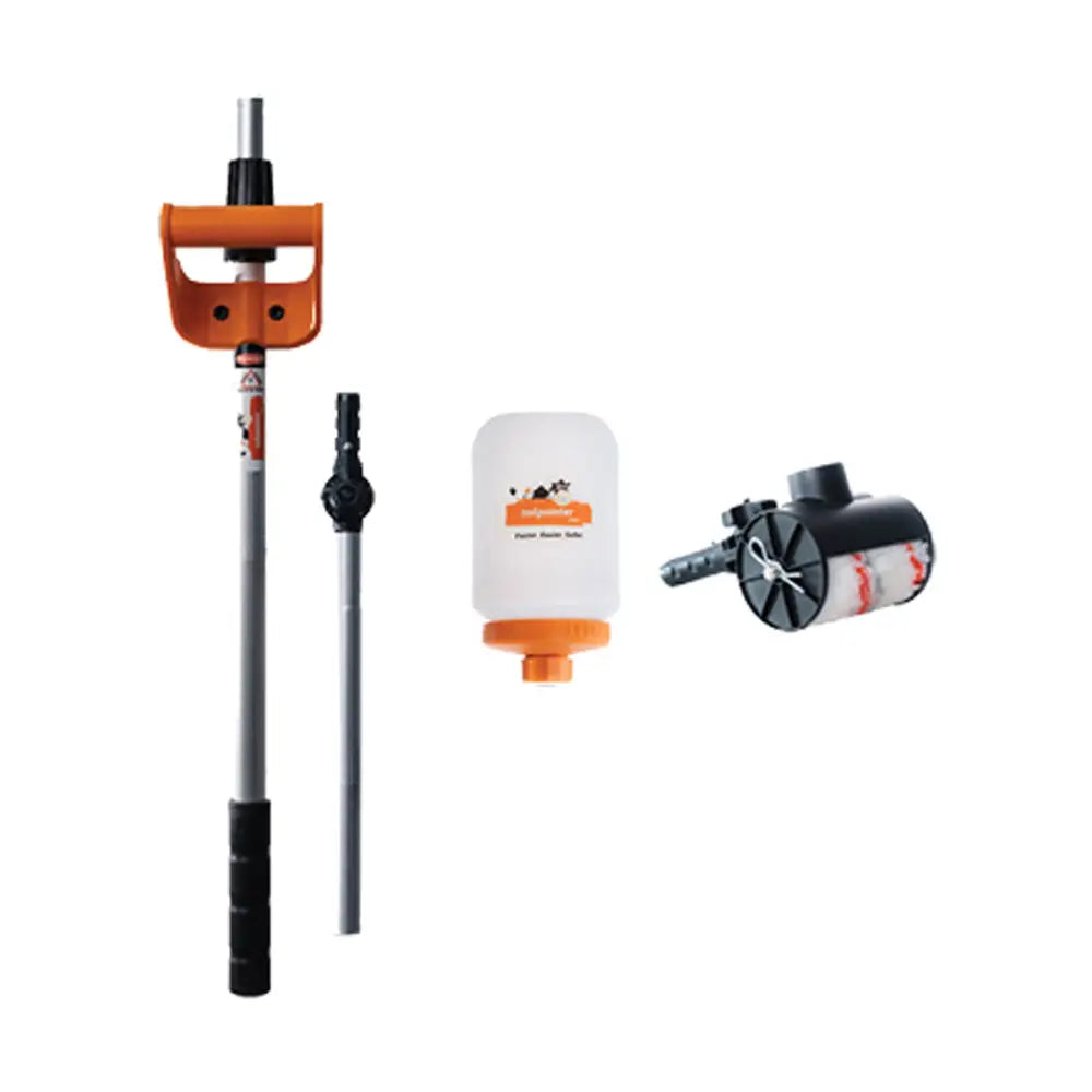 Orange and black handheld pump with silver handle and rubber base for safer tail painting in tailpainter refill kit