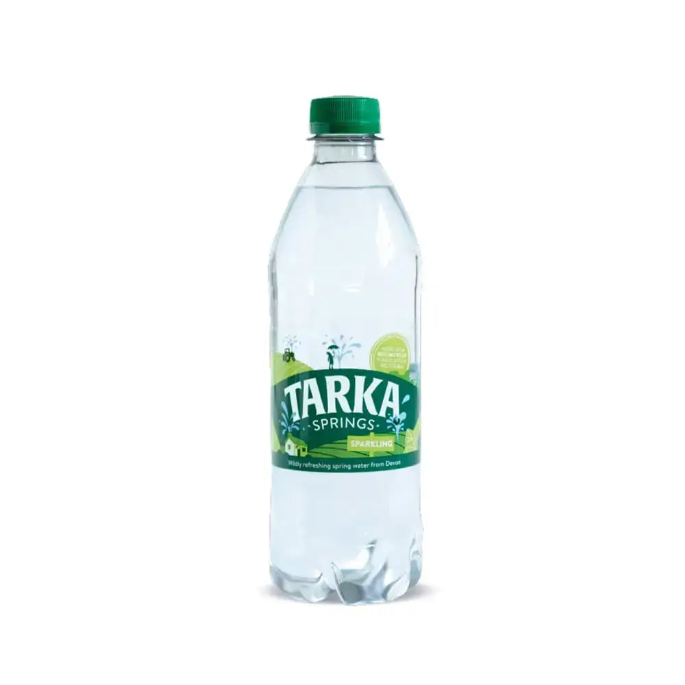 Clear plastic bottle of tarka springs sparkling water 500ml with green cap lime label springs sparkling water
