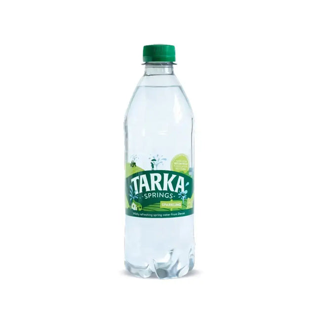 Clear plastic bottle of tarka springs sparkling water 500ml with green cap lime label springs sparkling water
