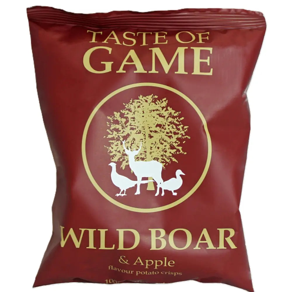 A maroon bag of taste of game game crisps wild boar apple flavour with a gold deer and duck logo for equestrian yard snacks
