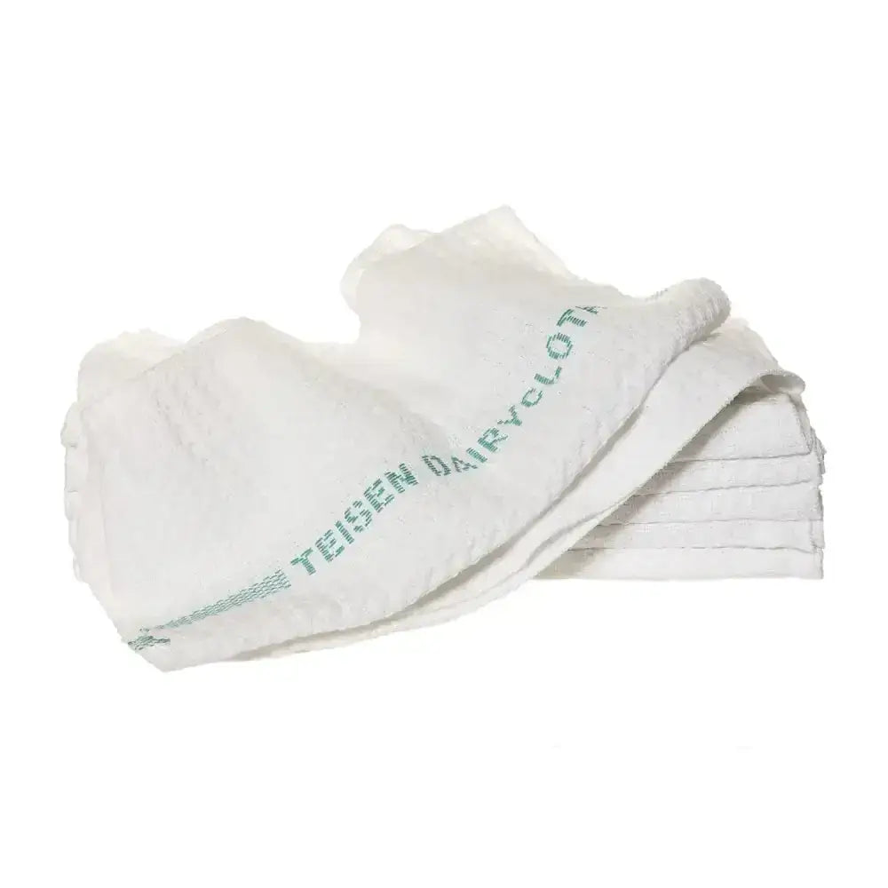 White woven cotton cloth with green teisen dairy cloth text along edge from teisen products dairycloth collection