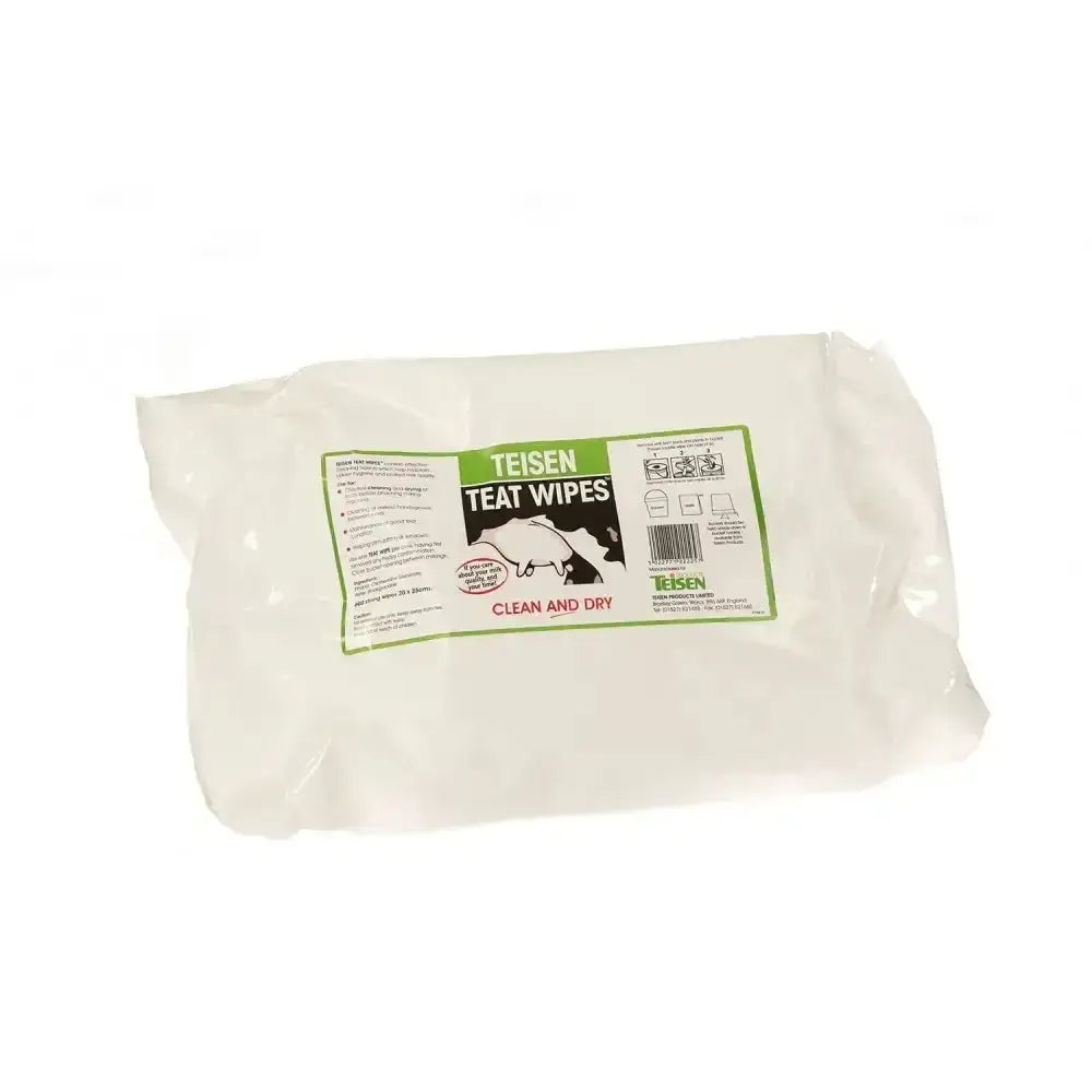 A package of teisen products teat wipes premium pre-milking white wipes sealed in clear plastic with green and black label