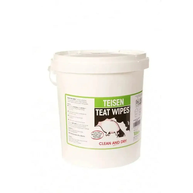 White plastic bucket of teisen products teat wipes with green black label and pig illustration for premium pre-milking use