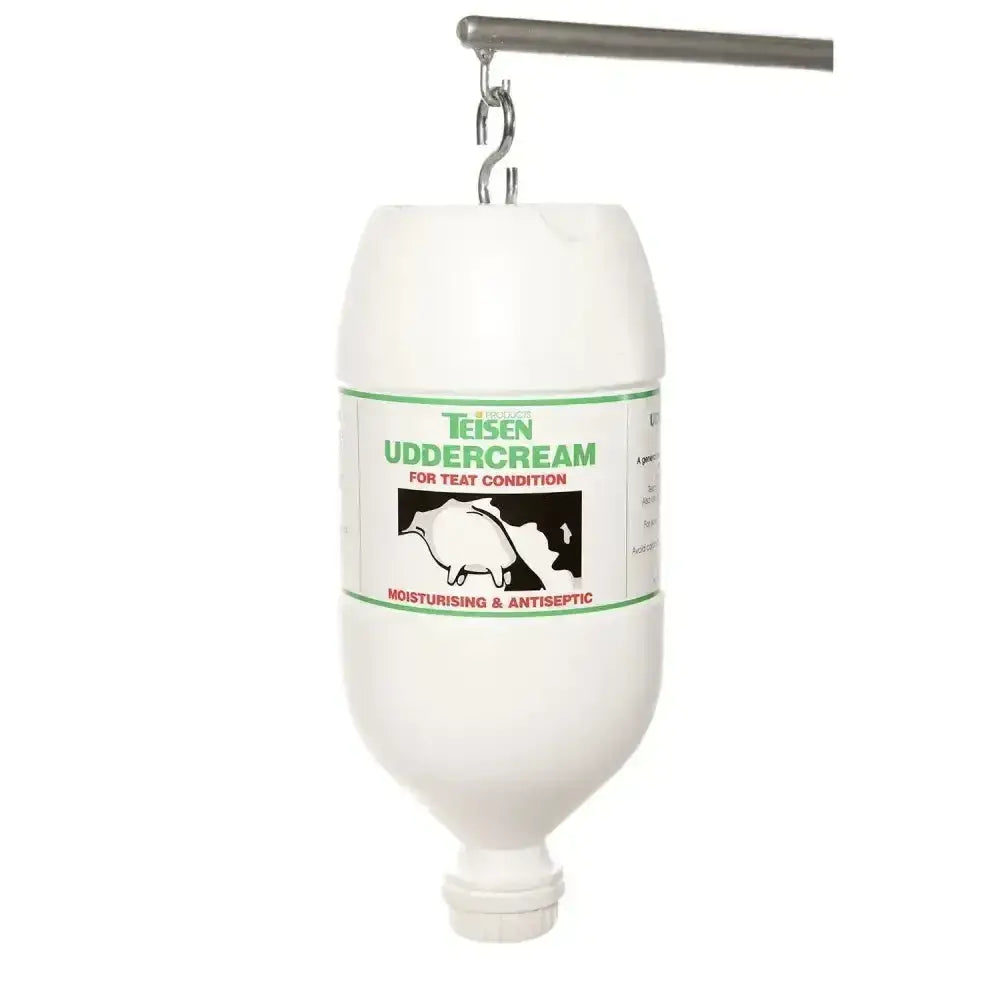White plastic bottle of teisen products uddercream with green and black label for antiseptic teat conditioner and moisturising use