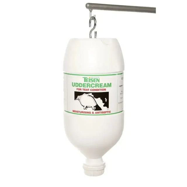 White plastic bottle of teisen products uddercream with green and black label for antiseptic teat conditioner and moisturising use
