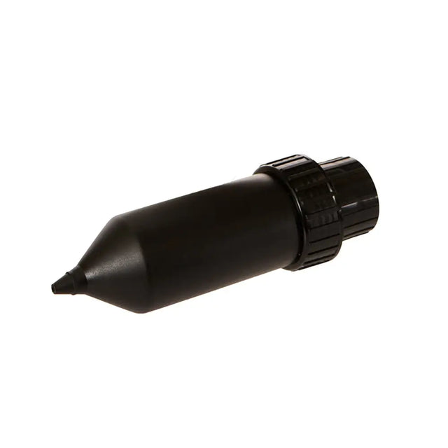 Black plastic garden soil auger with tapered tip and ribbed handle for teisen products uddermint dispenser use