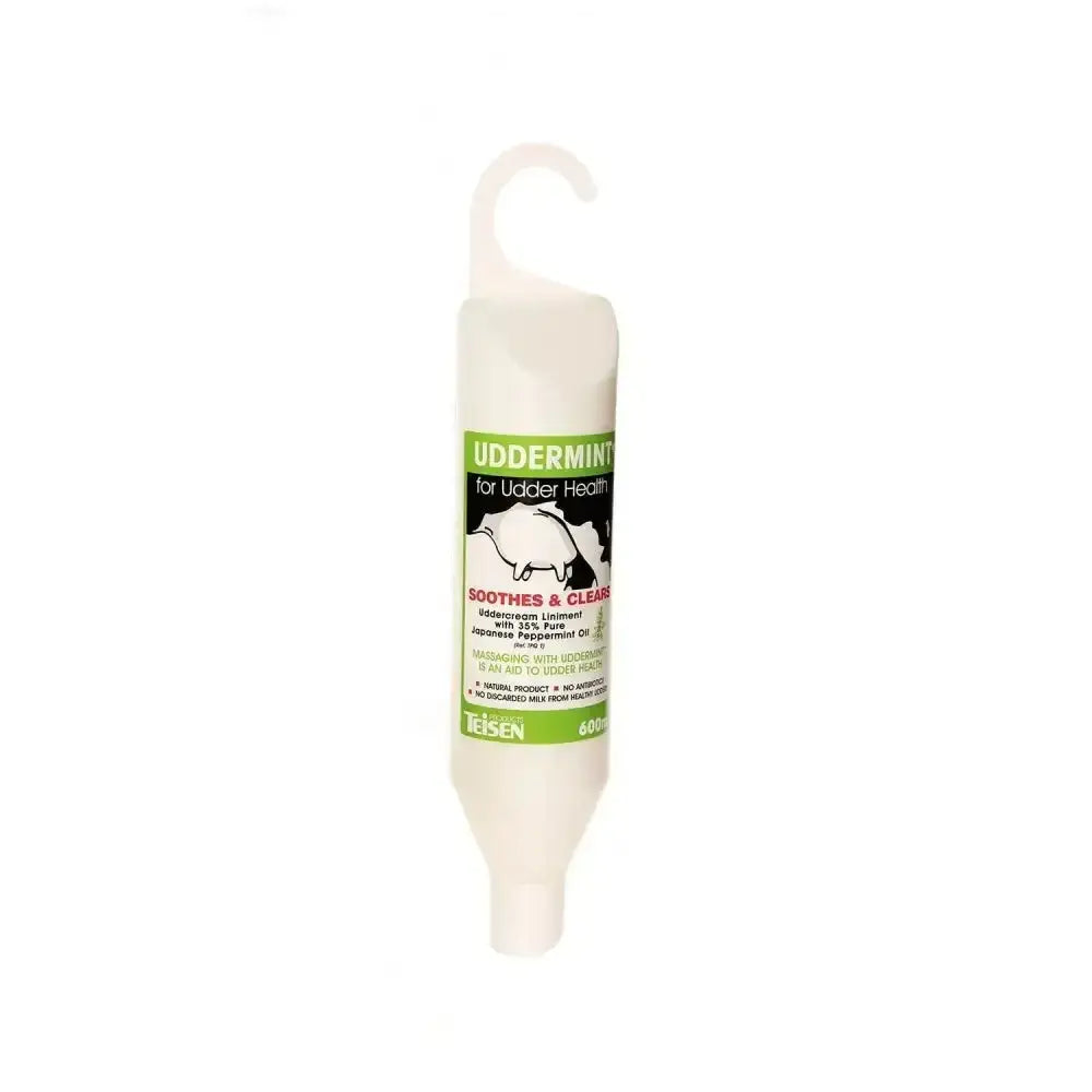 White plastic udder health gel bottle with green black label and hook for hanging by teisen products uddermint at calving time