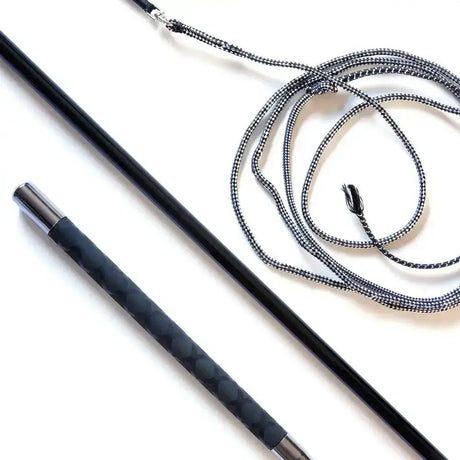 Telescopic black lunge whip with black carbon fiber shaft, textured grip, and silver metallic tip for riding use