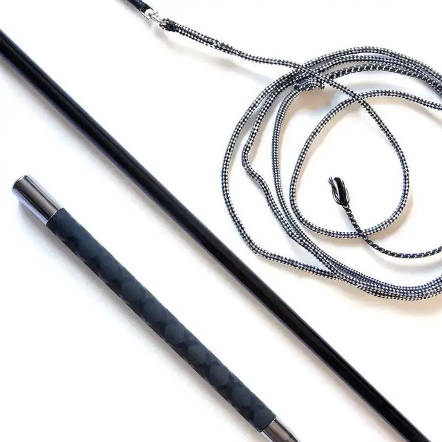 Telescopic black lunge whip with black carbon fiber shaft, textured grip, and silver metallic tip for riding use
