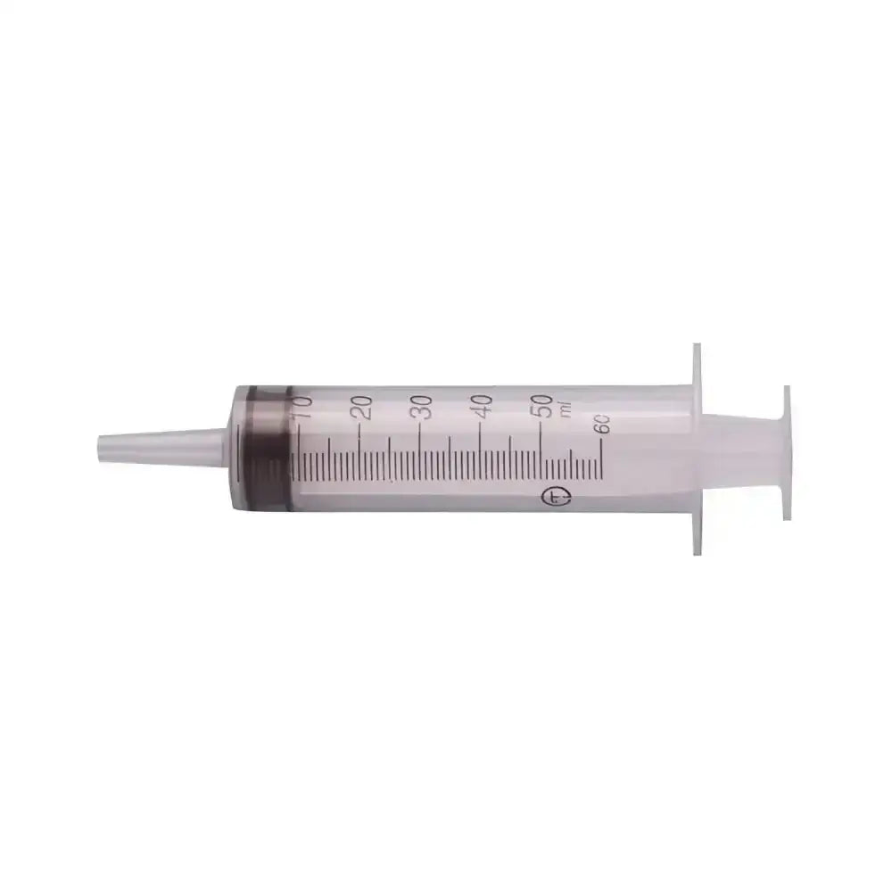 Terumo disposable syringe with catheter tip 3-component featuring a transparent body and black rubber plunger markings