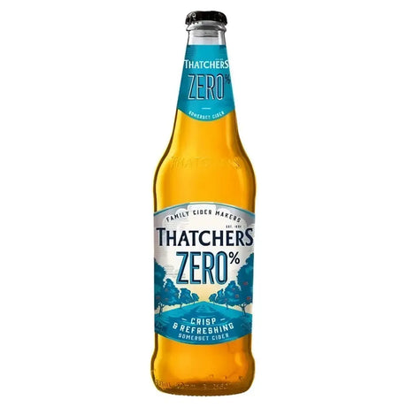 A clear glass bottle of thatchers zero 0% cider with a blue and white forest label filled with golden liquid perfect for equestrian fans