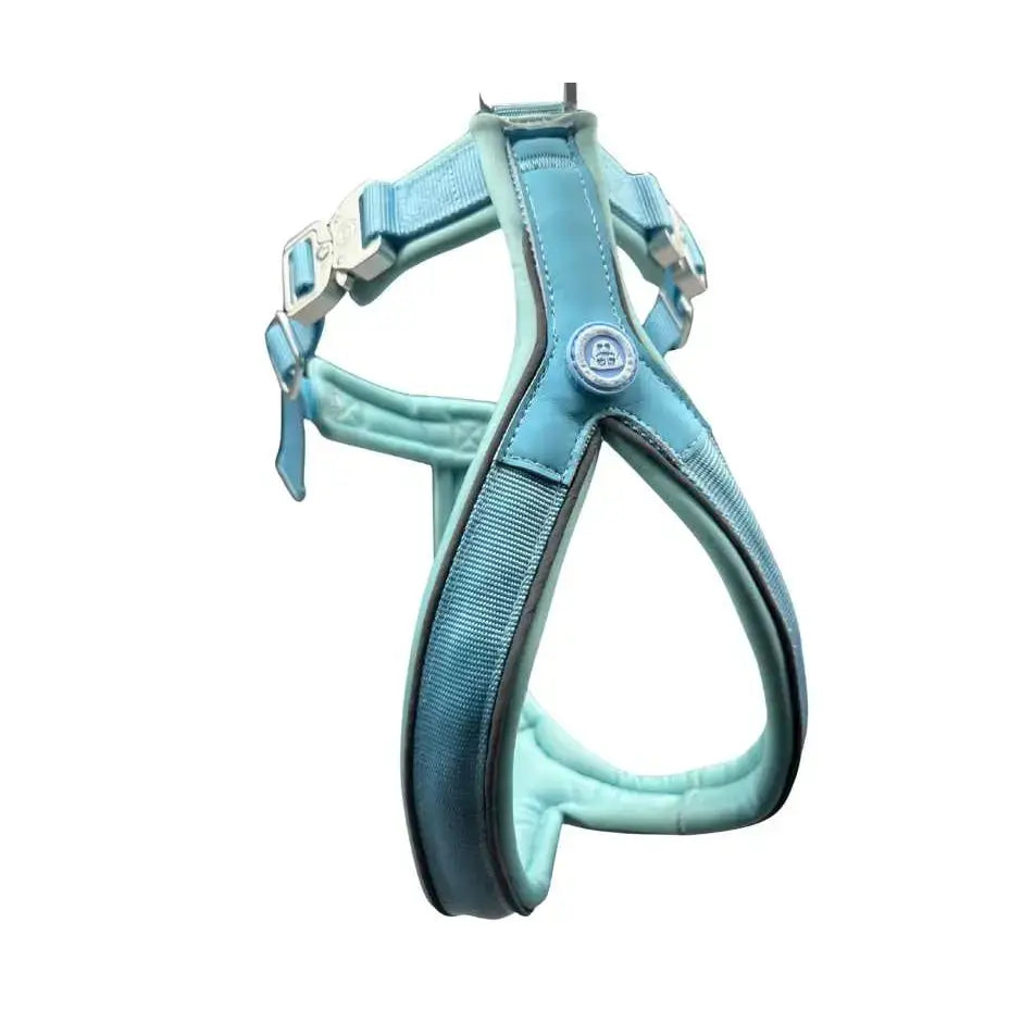 A light blue padded btactical harness with silver buckles and slip-on design for easy leash manners control