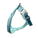 A teal btactical harness with padded straps and silver buckles featuring a slip-on design for leash manners