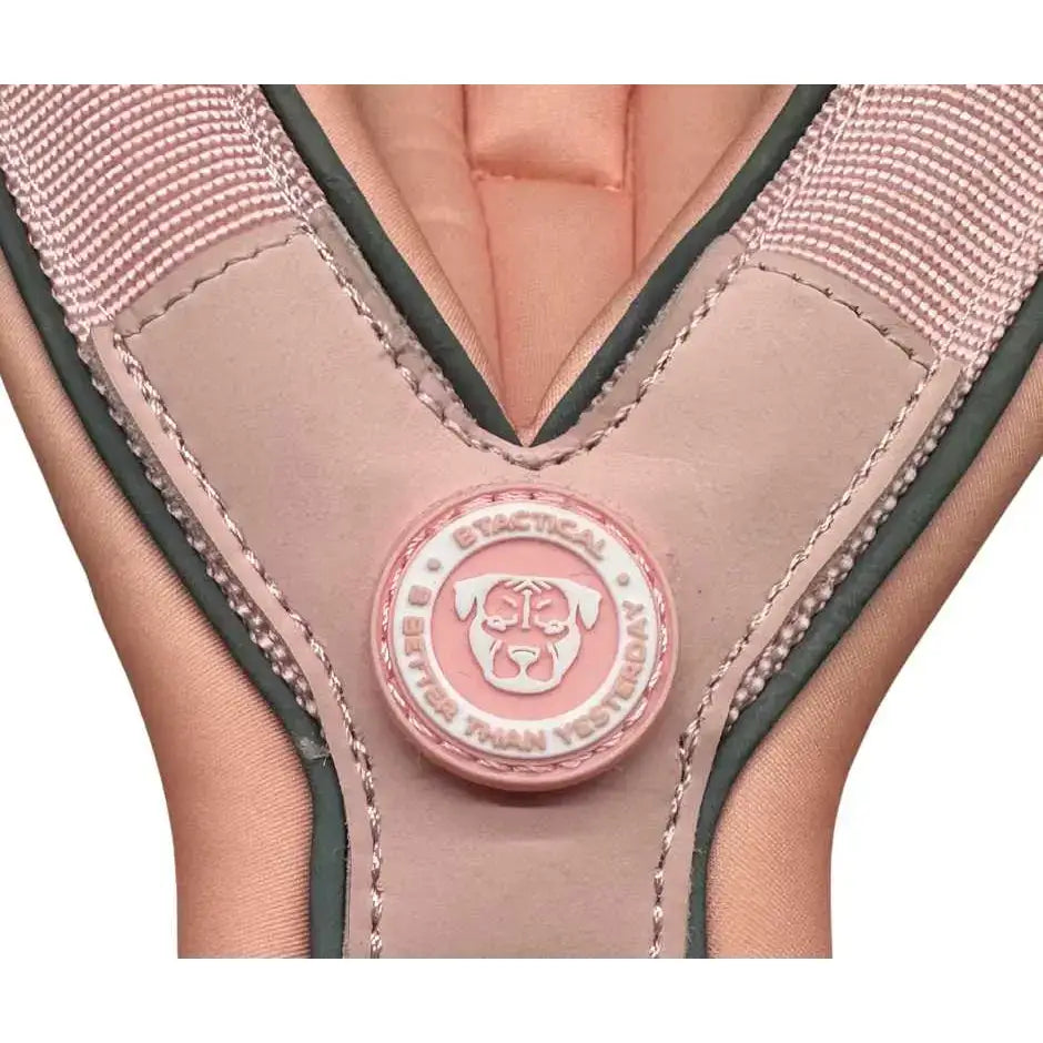 Pink and dark green 2.5cm btactical slip on harness with strategic d ring and pastel pink circular logo patch