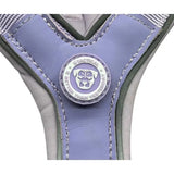 Pastel purple leather btactical harness with gray accents slip-on design makes it easy to use and features a dog logo