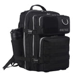 Black 35l btactical backpack with silver zipper pulls webbing straps front pocket and btactical logo in black smoke