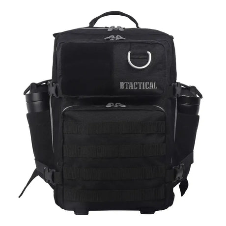 Black smoke 35l btactical backpack with silver zippers d-ring and embroidered btactical backpack black logo