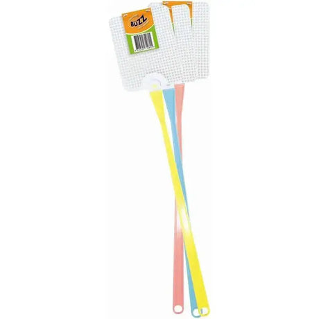 Three colorful plastic big buzz head fly swats with white mesh heads packaged under buzz brand label