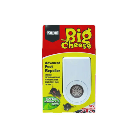 White rectangular big cheese advanced pest repeller plug-in with a circular grille for effective pest control