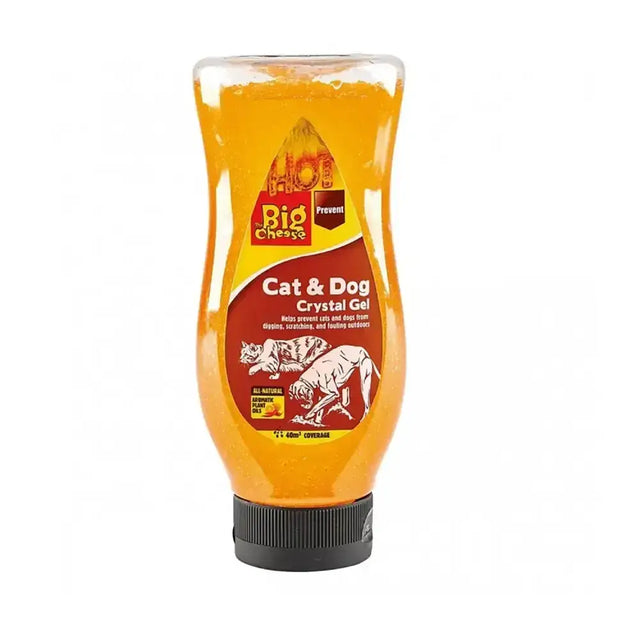 A clear plastic bottle with a black cap filled with orange big cheese cat and dog crystal gel for pets