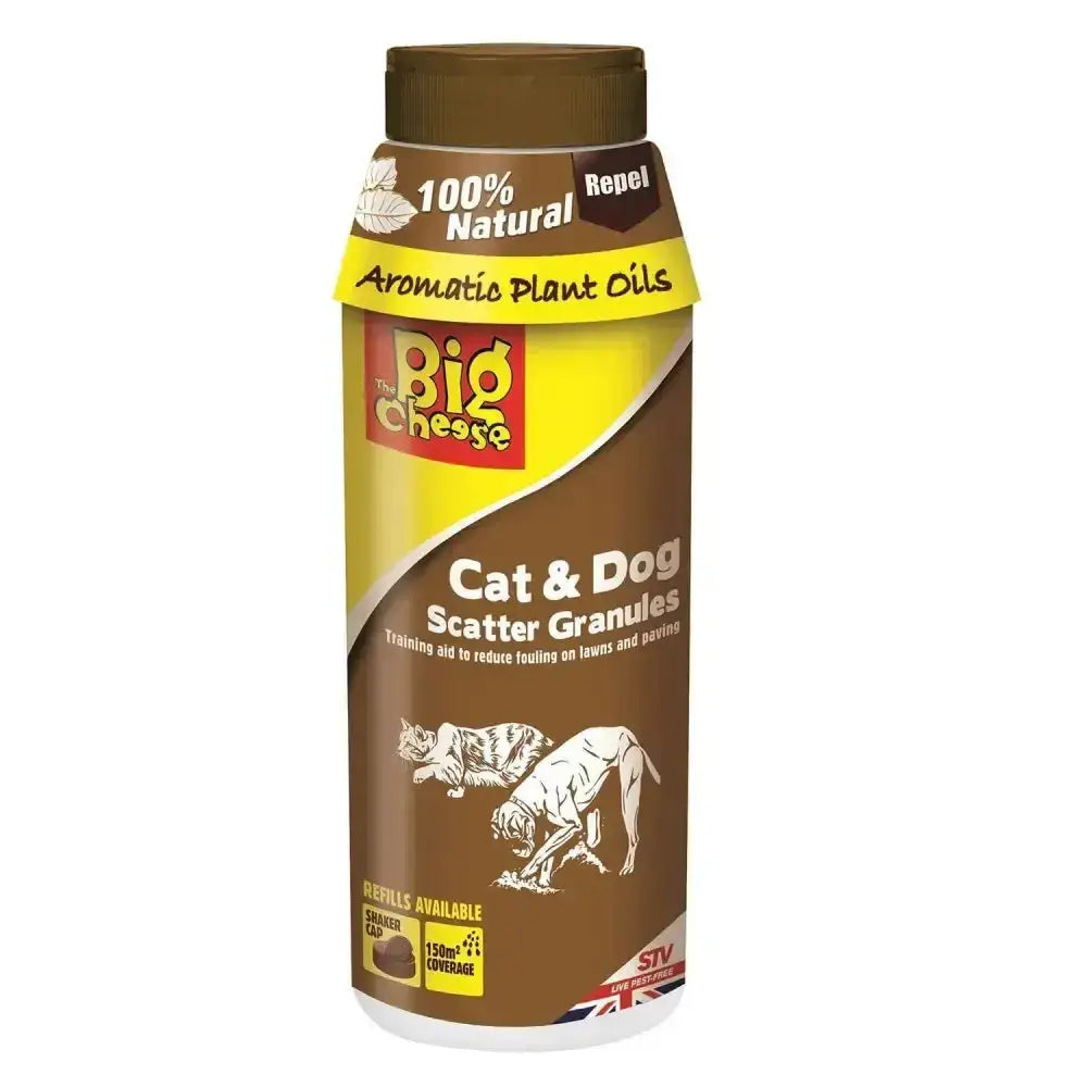 Brown cylindrical container of big cheese cat dog scatter granules with yellow label featuring cats and dogs illustrations biodegradable