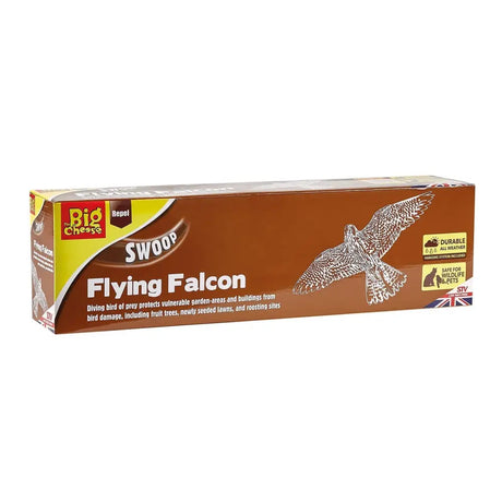 Brown cardboard box for the big cheese flying cheese flying falcon with white falcon line art and yellow accents
