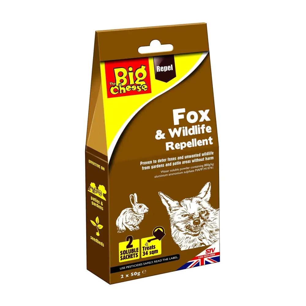Brown and yellow big cheese fox wildlife repellent package with fox and rabbit illustrations repellent deters foxes