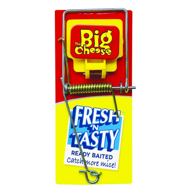 The big cheese fresh tasty baited mouse trap with red and yellow plastic housing and metal spring hook mechanism