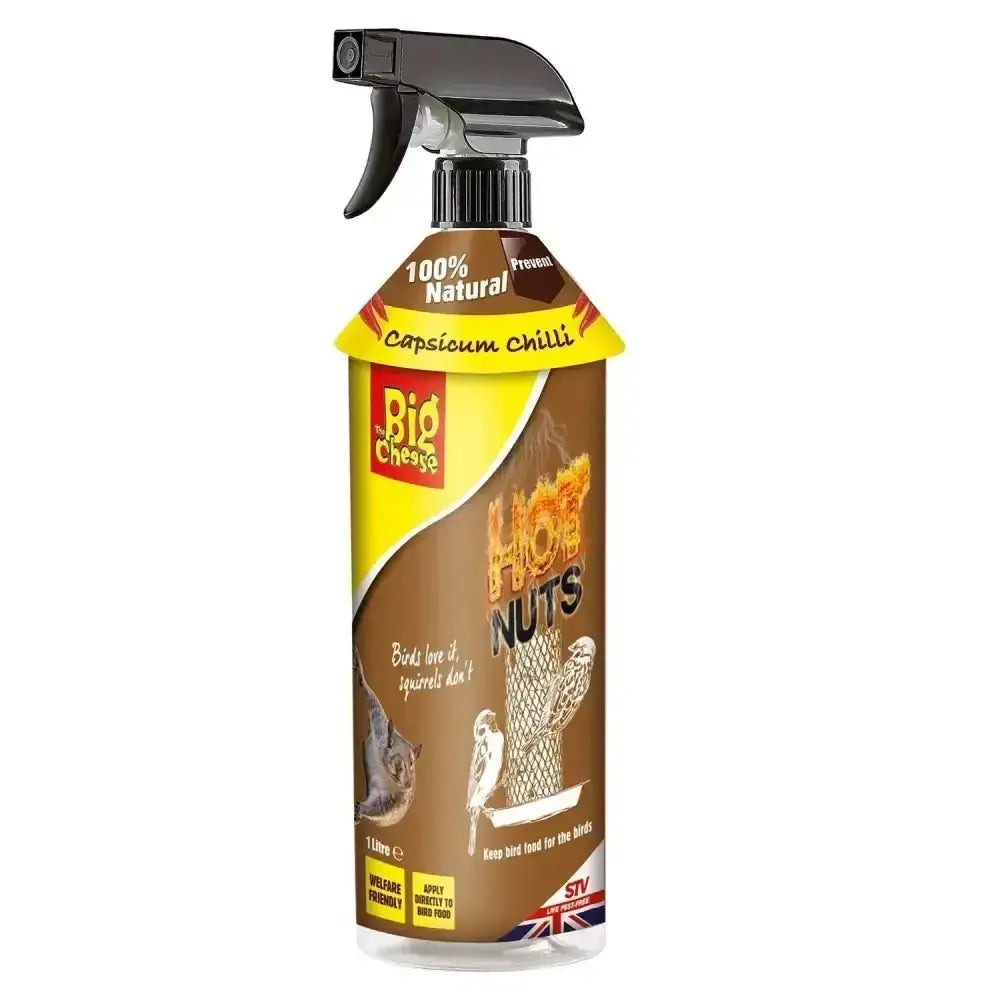 Brown and yellow big cheese hot nuts spray bottle with black nozzle featuring birds and squirrels for squirrel deterrent