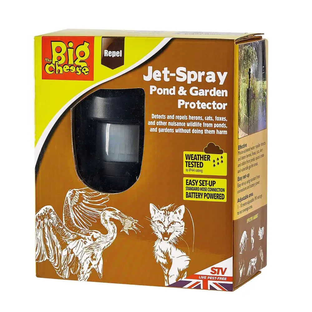 The big cheese jet-spray is a black battery-powered garden protector in branded packaging that deters pests in ponds