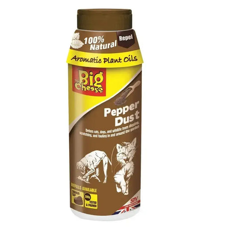 Brown cylindrical container of the big cheese pepper dust with a yellow label featuring cats and dogs illustrations