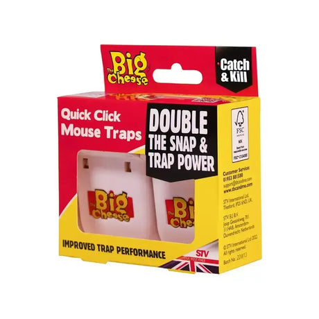 The big cheese quick click mouse trap is a white plastic click mouse trap in a red and yellow cheese quick click box