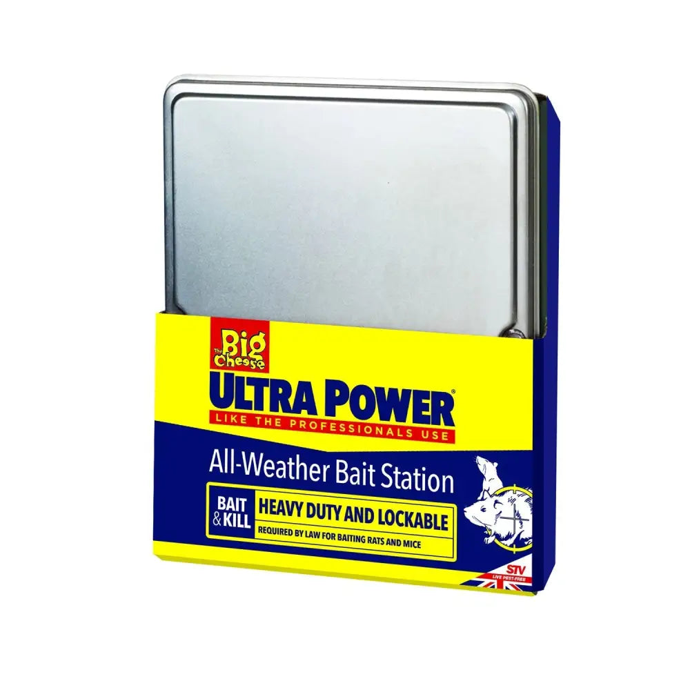Blue and yellow big cheese ultra power all-weather bait station with a silver metal lid for outdoor use