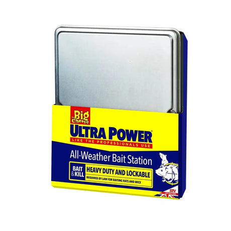 Blue and yellow big cheese ultra power all-weather bait station with a silver metal lid for outdoor use