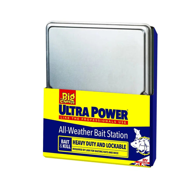 Blue and yellow big cheese ultra power all-weather bait station with a silver metal lid for outdoor use