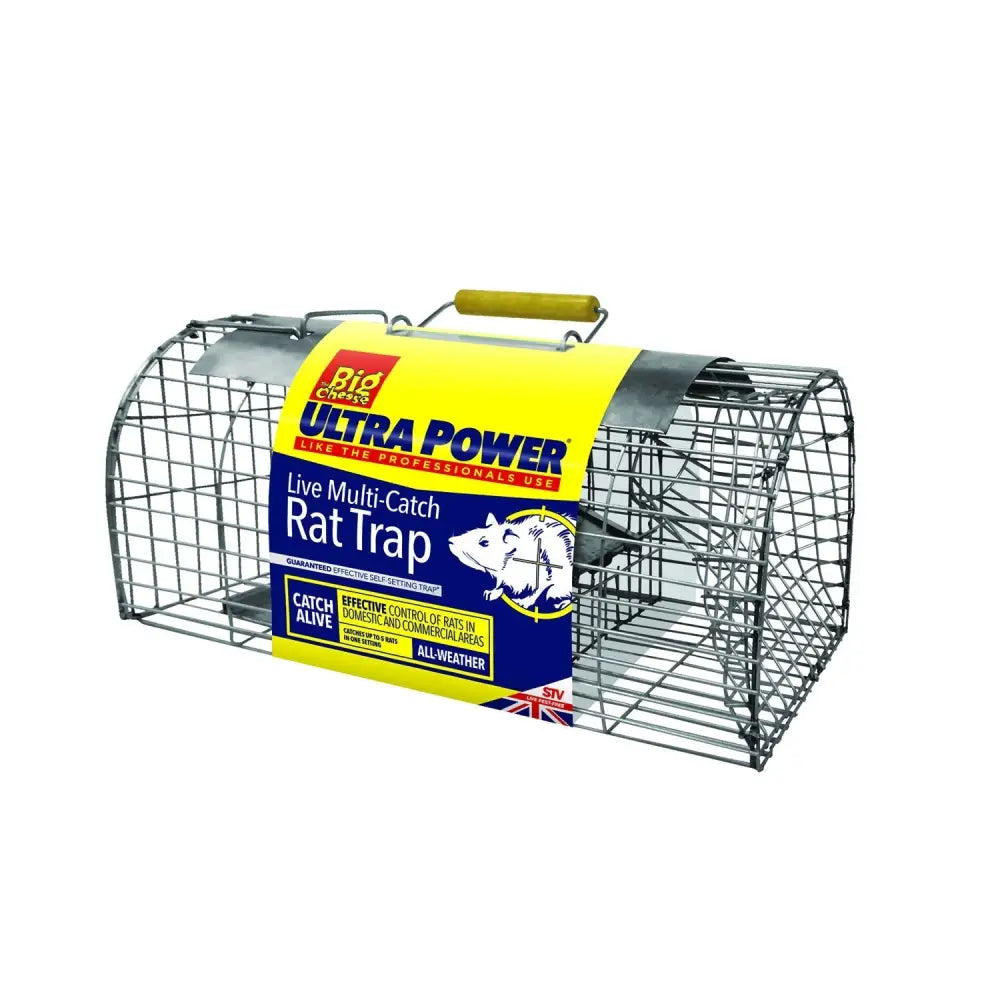 Yellow and blue labeled metal rat trap with wooden handle in the big cheese ultra power live multi-catch design