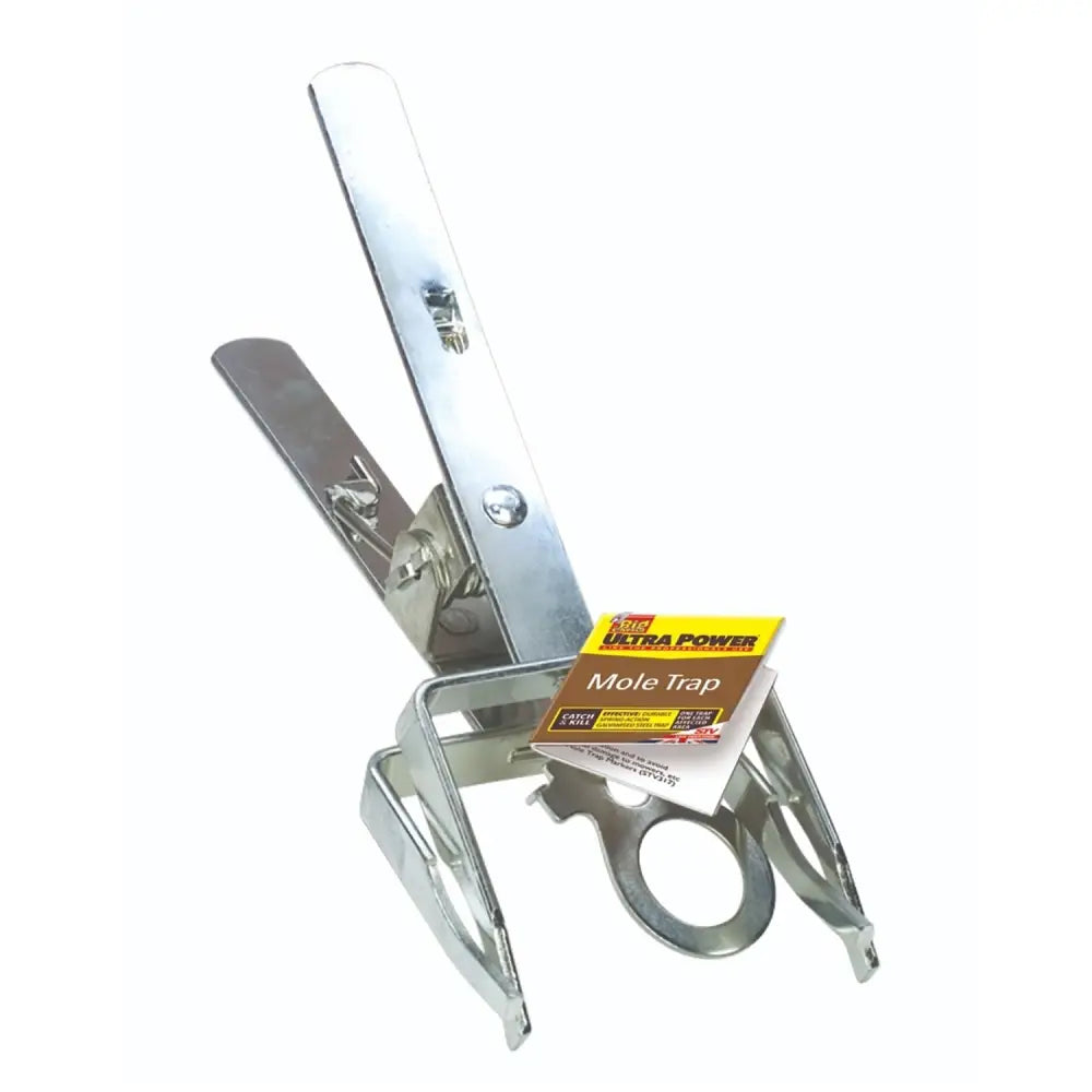Shiny chrome steel big cheese ultra power mole claw trap with yellow and brown label ultra power mole trap
