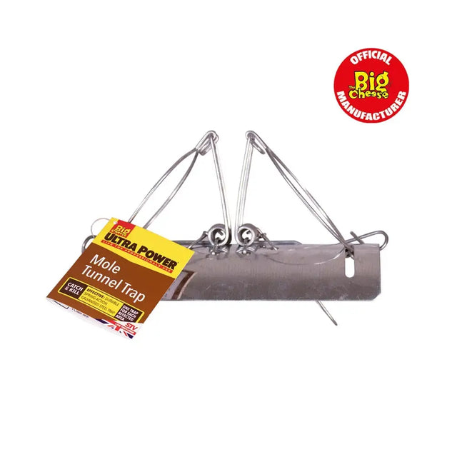 Silver metal power mole tunnel trap with a yellow and brown big cheese ultra power label for mole control