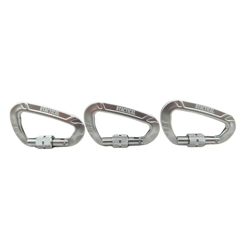 Three silver anodized aluminum btactical carabiners with textured grip in a carabiner clip pack of 3