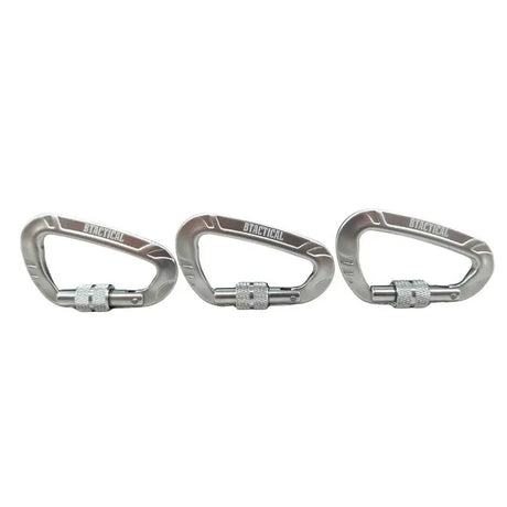 Three silver anodized aluminum btactical carabiners with textured grip in a carabiner clip pack of 3