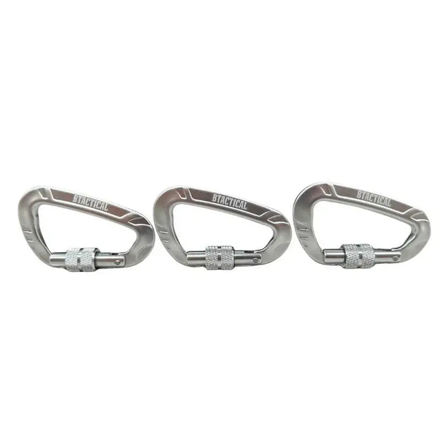 Three silver anodized aluminum btactical carabiners with textured grip in a carabiner clip pack of 3