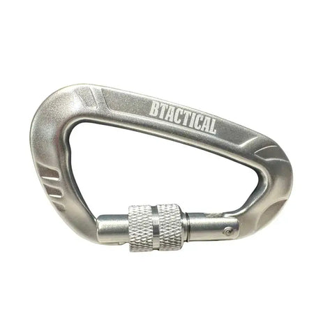 Silver btactical carabiner with slim profile textured grip and locking mechanism ideal for equestrian gear use
