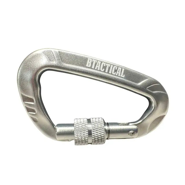 Silver btactical carabiner with slim profile textured grip and locking mechanism ideal for equestrian gear use