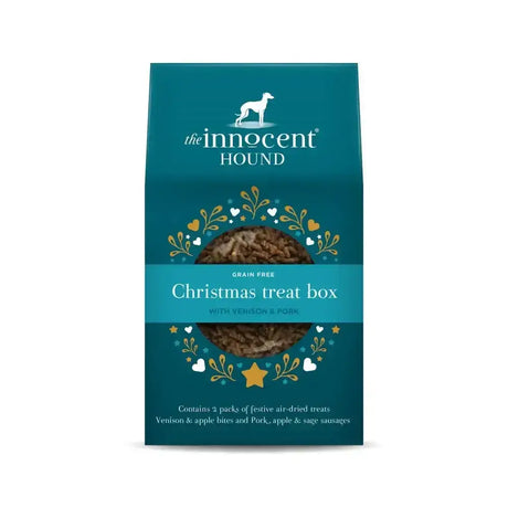 Teal innocent hound christmas treat box with festive gold and white decorations perfect for holiday gifting