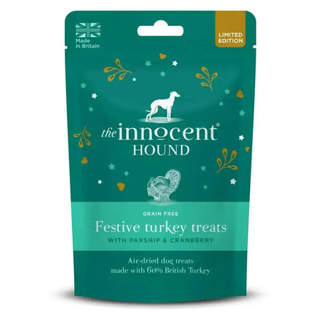 Teal and gold packaged innocent hound festive turkey treats for dogs perfect for holiday snacking