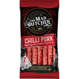 Red and black mad butcher chilli pork salami snack 70g pack of spicy butcher chilli pork sticks