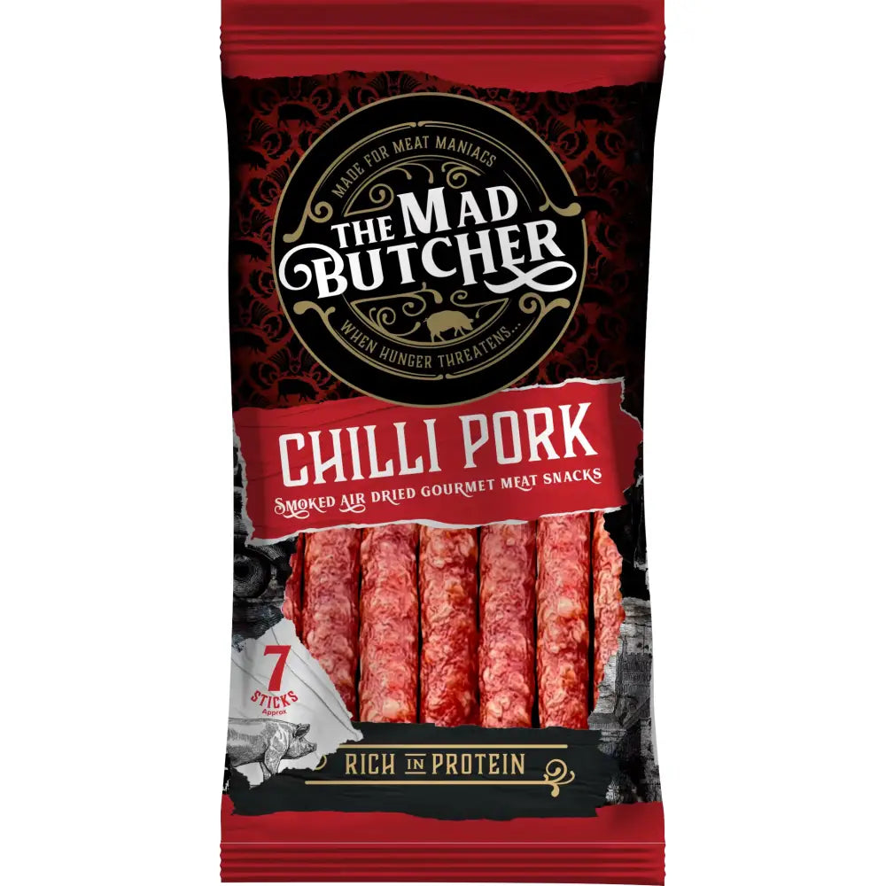 Red and black mad butcher chilli pork salami snack 70g pack of spicy butcher chilli pork sticks