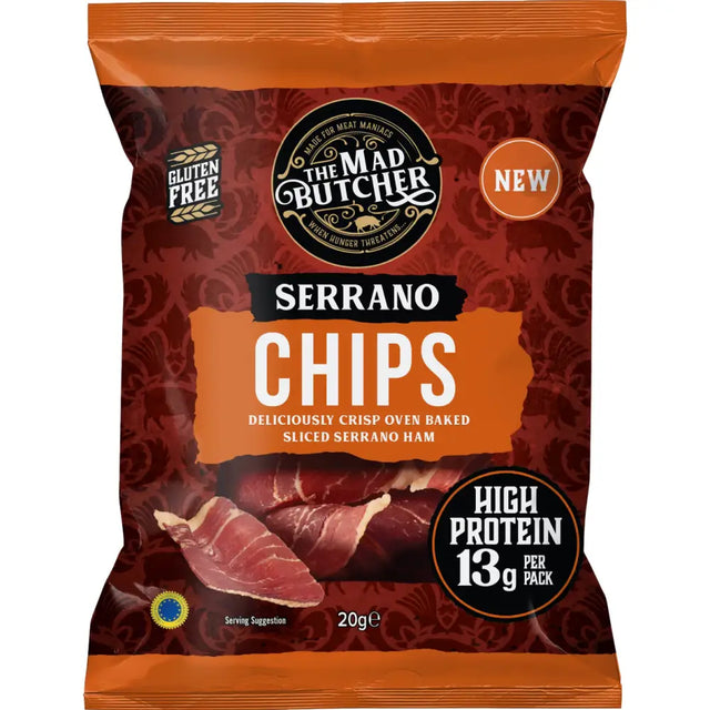The mad butcher serano chips 20g pack of crisp oven-baked serrano ham in orange and dark red packaging
